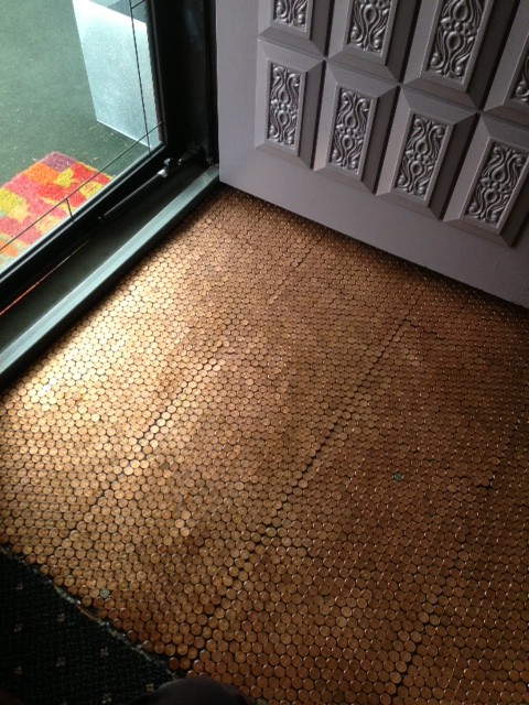 make a floor out of real pennies, flooring, tile flooring, tiling, Here is a photo of the floor after 3 coats of sealer