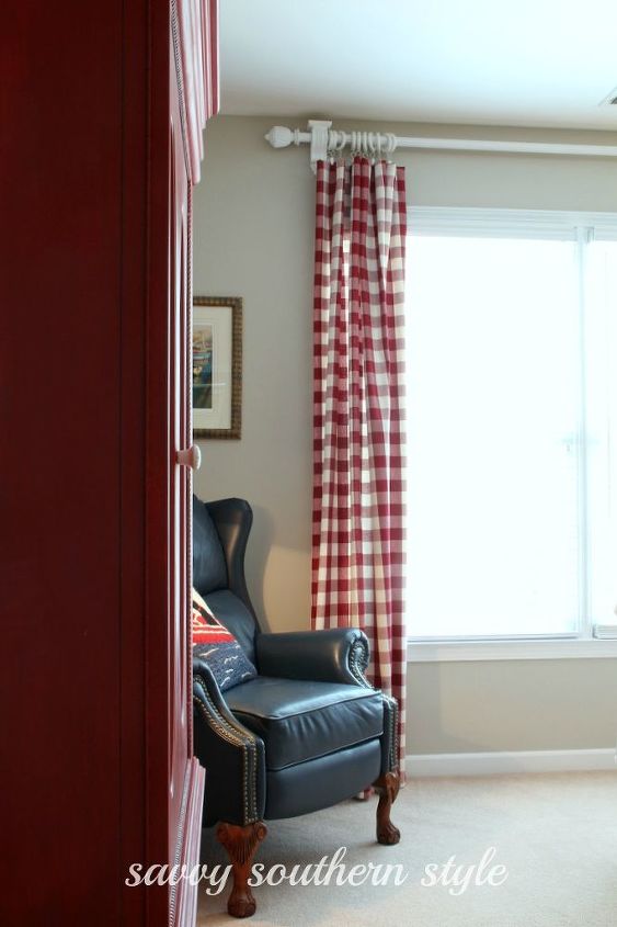 guest room, bedroom ideas, home decor, Red buffalo checked curtains are from Country Curtains They were moved from the breakfast room