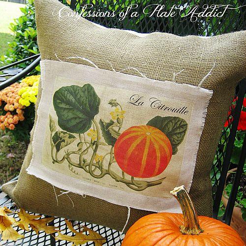 linen and burlap vintage french pumpkin pillow starring a wonderful vintage graphic, home decor, seasonal holiday decor, Vintage French Pumpkin Pillow