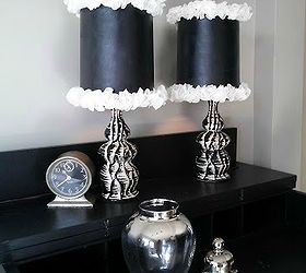 ruffle trimmed lamp shades with glam, crafts, home decor, Painting the original shades black helped unify the look and add some glam