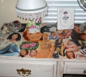 refinished old stained scratched outdated desk, painted furniture, Closer view of decoupage top