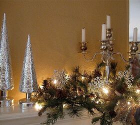 christmas mantel, christmas decorations, seasonal holiday decor, The mercury glass trees are on timers and glow at night