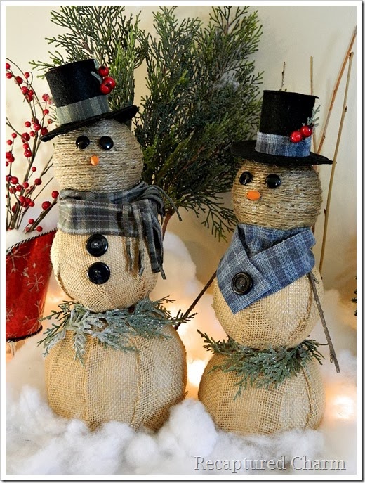 burlap twine snowmen, christmas decorations, crafts, seasonal holiday decor, Use what you have on hand for scarves and buttons etc