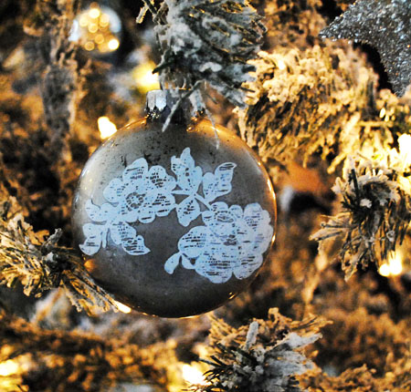 painted lace glass ornaments, crafts, seasonal holiday decor, Here it is on my tree