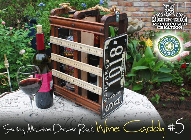 wine caddy made by repurposing sewing machine drawer racks, repurposing upcycling, I created this repurposed wine caddy with Kansas license plates and yardsticks measuring sticks and a lot of custom woodwork by GadgetSponge com
