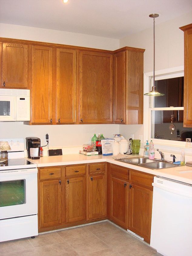 old oak cabinets painted white and distressed, before