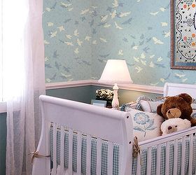 nursery decorating ideas for chic stenciled nurseries, bedroom ideas, home decor, painted furniture, Flock of Birds wall stencil pattern in blue nursery