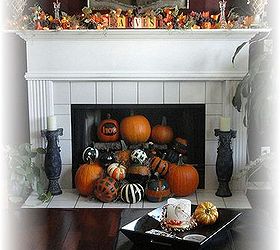 fall fireplace, crafts, fireplaces mantels, seasonal holiday decor, Warming up the fireplace with these fun pumpkins spilling out is certainly a fun way to celebrate the season