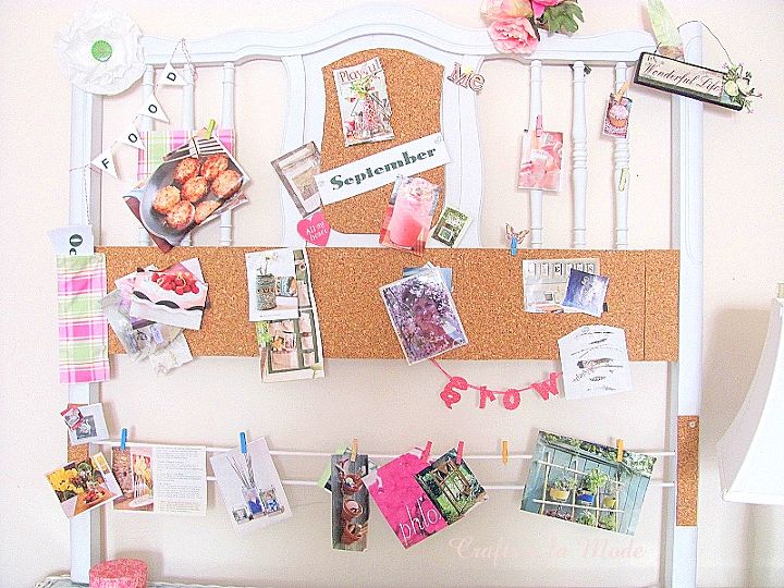 repurposed old bed headboard, cleaning tips, crafts, painted furniture, repurposing upcycling, Here is my blog bulletin board made from a twin bed I clip magazines etc