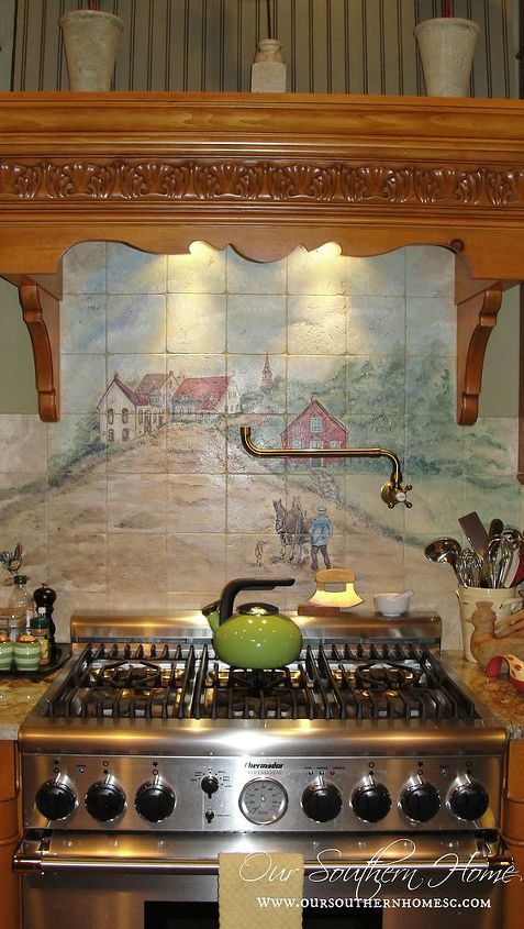 french country kitchen tour, home decor, kitchen design, kitchen island, A local artist painted a French Country scene with all of our names within the painting The tiles were then fired to bake the finish By using local it really was not a major expense