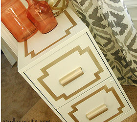 glamorous file cabinet makeover, painted furniture, AFTER This File cabinet is such a simple upgrade from the original boring piece The change was completed with primer painting tape gold paint and White Dove Advanced Paint