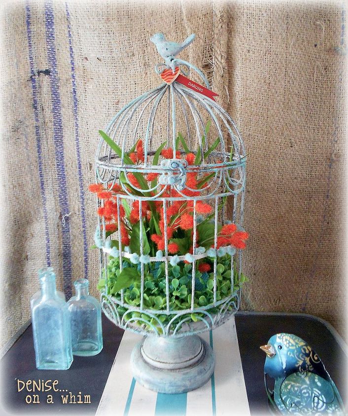 springtime birdcage anyone can make, crafts, painting, repurposing upcycling, green orange and turquoise combine to create pretty spring decor