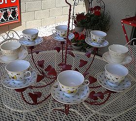tea cup chandelier, crafts, outdoor living, repurposing upcycling, Repurposed chandelier painted and attached tea cups and saucers