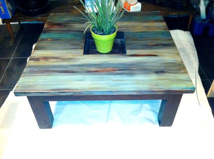 coffee table rustic redo for 5, painted furniture, rustic furniture, After I plan to fill the center with some smooth gray rocks before I put it up for sale on Craig s List any other suggestions of what to put in the center