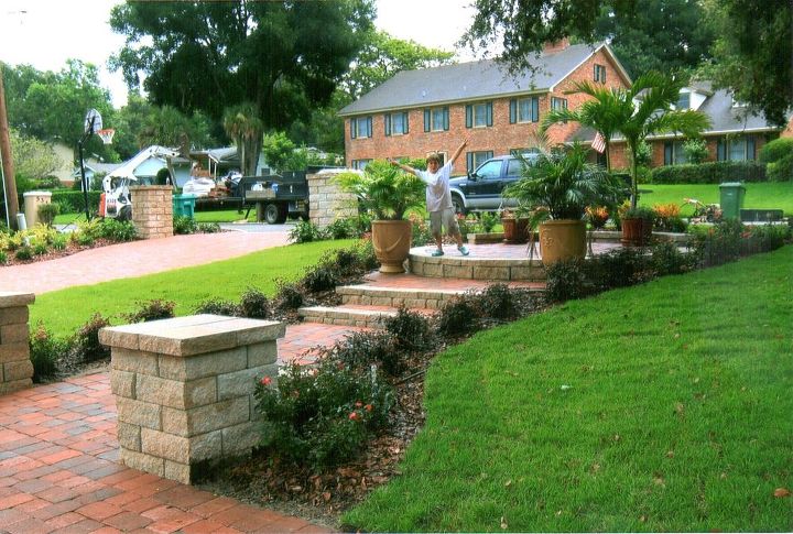 pavers retaining walls landscaping and lighting, concrete masonry, curb appeal, gardening, home improvement, landscape, stairs, Finished seating area The happy kid is my son Aaron