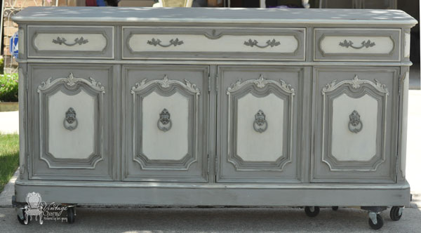 painted french china hutch makeover, home decor, painted furniture, repurposing upcycling, The base Maison Blanche Franciscan Grey Hurricane and custom mix of Magnolia and Baguette to create the off white
