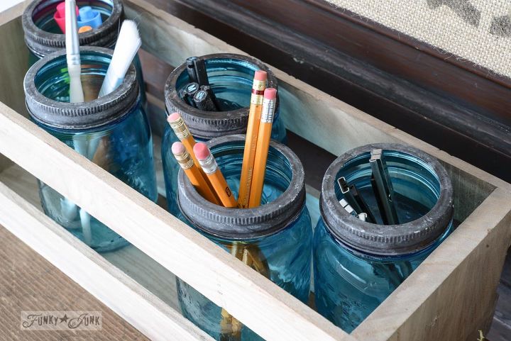 get organized with a new message centre with old style charm, chalkboard paint, crafts, home decor, mason jars, repurposing upcycling, New mason jar lids were antiqued with paint to give them an old galvanized look Perfection for writing materials