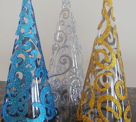 swirls on clear plastic cone trees, crafts, seasonal holiday decor, This can be accomplished by using dimensional stickers swirl designer foam sheets or just cut out your own using glitter stick on foam sheets in your favorite colors