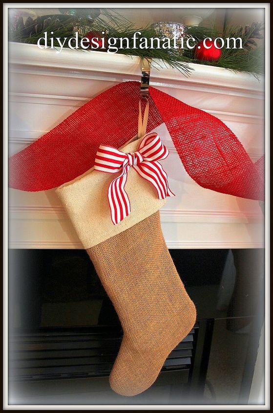christmas mantel and family room, christmas decorations, seasonal holiday decor, I added a red and white striped wired ribbon to the burlap stockings I made a few years ago They previously had an ivory lace bow and flower on them