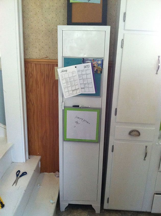 old metal cabinet turned into pantry, painted furniture, The door also doubles as a message center for my kids