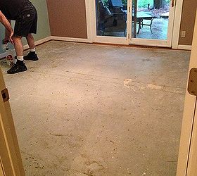 goodbye carpet hello stenciled floor with annie sloan chalk paint, bedroom ideas, chalk paint, flooring, painting, The concrete subfloor after the carpet was removed