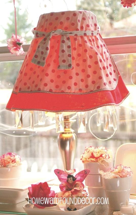 vintage aprons have heart for valentine s day decorating, christmas decorations, repurposing upcycling, seasonal holiday d cor, valentines day ideas, wrap a small vintage apron around a lampshade homewardfounddecor com