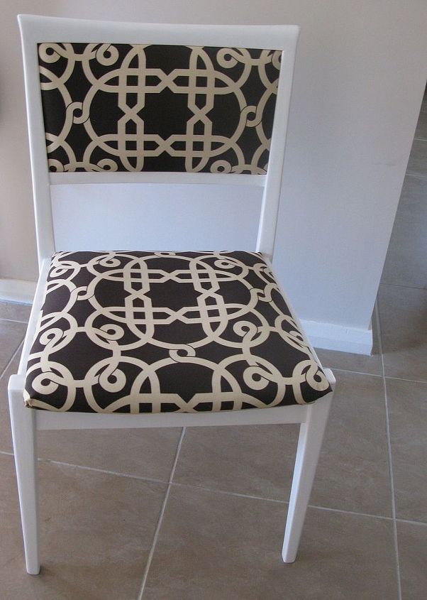 revamp two dining chairs two different looks, painted furniture, I had this geometric style fabric left over from another project
