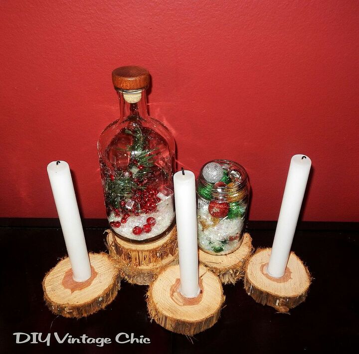 christmas log candle holder and jars, christmas decorations, seasonal holiday decor