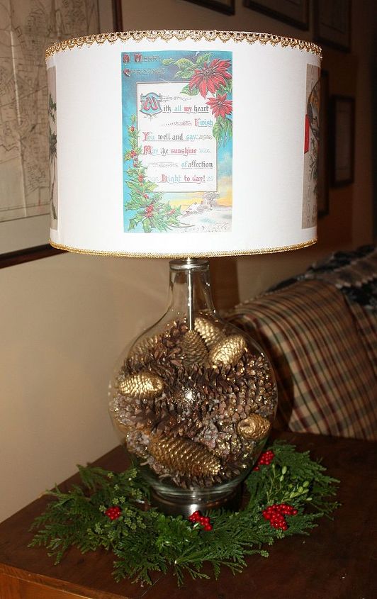christmas in august lamp decorating challenge, christmas decorations, crafts, decoupage, lighting, seasonal holiday decor, The lamp is filled with both gold spray painted and glittered pine cones