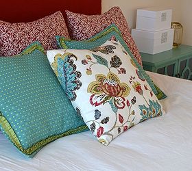 diy fabric covered king size headboard, painted furniture, reupholster, I used a mixture of patterns and colors for the pillows