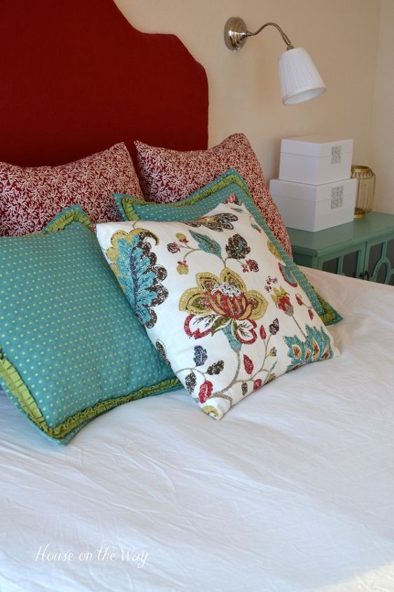 diy fabric covered king size headboard, painted furniture, reupholster, I used a mixture of patterns and colors for the pillows