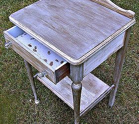 creating unique waxed finish using dark wax directly over chalk paint, chalk paint, painted furniture, This barn sale table was repurposed using chalk paint with dark wax directly over it to create a metallic looking finish and my handmade paper drawer liner