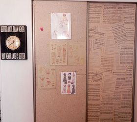 favorite room in the house, doors, home decor, painted furniture, covering old panel looking doors since we live in a mobile home many things like these doors were more retro than I cared for covering one side with cork and one with a decoupaged vintage playbill gave it more charm