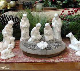 thrift store nativity scene, christmas decorations, crafts, seasonal holiday decor, Just added a few greens and pine cones to finish off