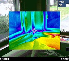 recent infrared scan of a newly renovated room, home maintenance repairs, wall decor, Notice air leaking around all the window trims in the side porch area These windows are double hung single pane glass 80 year old windows Notice very little loss where window meets the frame All loss is around frame itself