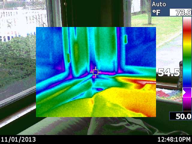 recent infrared scan of a newly renovated room, home maintenance repairs, wall decor, Notice air leaking around all the window trims in the side porch area These windows are double hung single pane glass 80 year old windows Notice very little loss where window meets the frame All loss is around frame itself