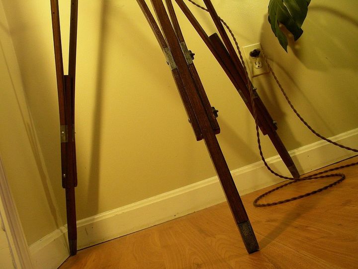 crutches upcycled into tripod lamp, home decor, lighting, repurposing upcycling, Detail of the legs including the vintage look cord