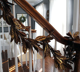 holiday tour our foyer, seasonal holiday d cor, Gold Leaves Garland on the Stairs