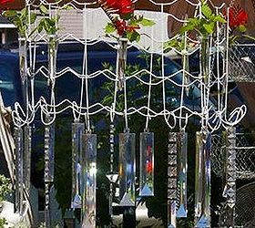 garden chandelier made from wire garden fencing, crafts, outdoor living, repurposing upcycling, Test tubes hold flower stems or tall thin candles