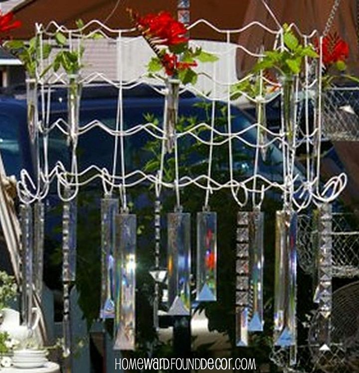 garden chandelier made from wire garden fencing, crafts, outdoor living, repurposing upcycling, Test tubes hold flower stems or tall thin candles