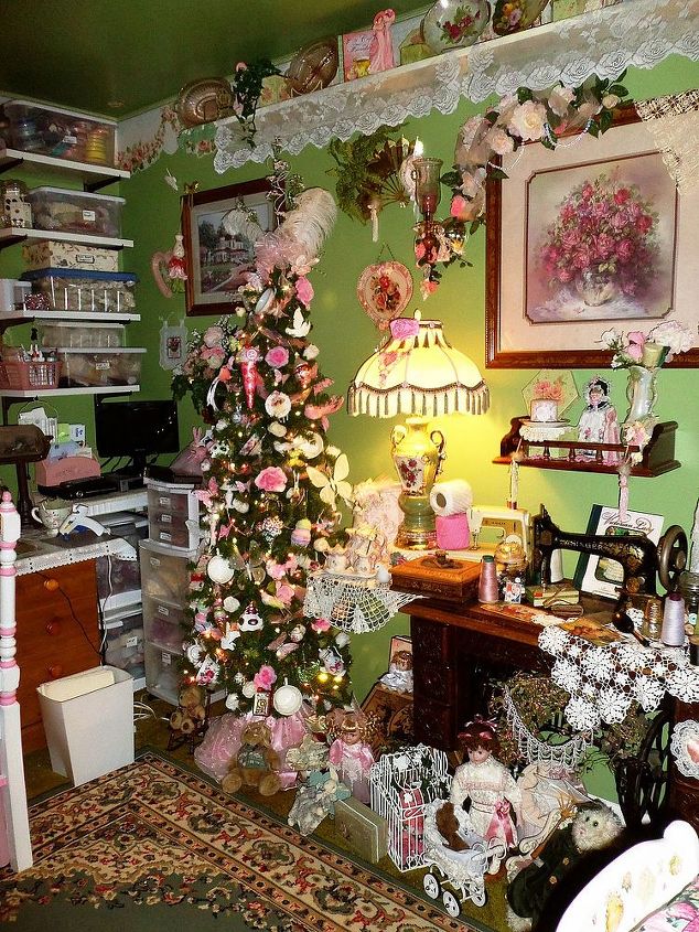 my creative space, craft rooms, crafts, home decor, painted furniture, shelving ideas, storage ideas, Yes I have a Tree up year long and this one is now decorated with ice cream cones butterflies birds and tea cups It is my Summer Tree