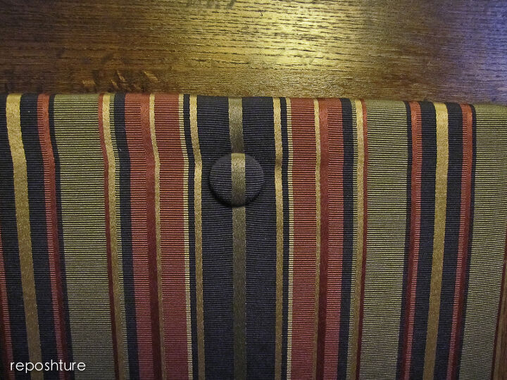 using covered buttons in your upholstery projects, painted furniture, reupholster, covered button glued in place