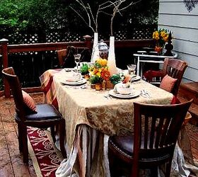 autumn tablescape, seasonal holiday decor, I love bringing the indoors outside A rug my regular dining chairs and plenty of throws make for a comfortable and elegant but not too stuffy event