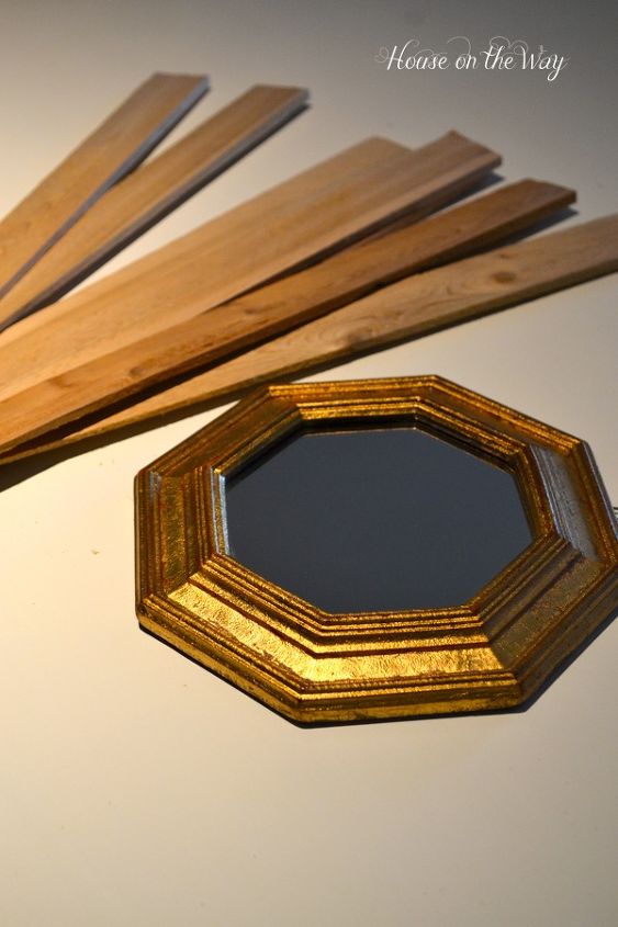 how to create a metallic ombre sunburst mirror, chalkboard paint, crafts, A flea market mirror Wood shims and hot glue are all you need for the construction of the mirror