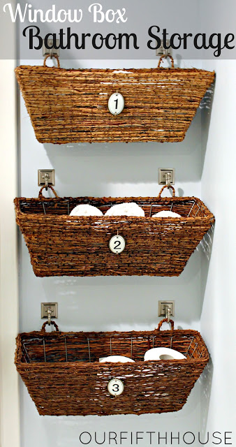 window boxes for bathroom storage, bathroom ideas, storage ideas, Using decorative hooks from the hardware aisle at Lowe s I secured each window box to the wall