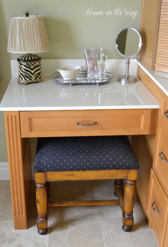 master bathroom tour, bathroom ideas, home decor, Fabric from the master bedroom was carried over to the master bathroom by using it to cover the vanity stool