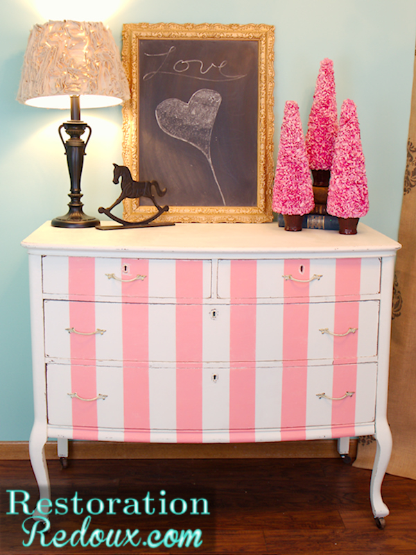 pink striped antique dresser, painted furniture, After