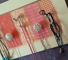diy jewelry holder, crafts, decoupage, And old door scrapbook paper and some knobs and hooks makes for an easy DIY project