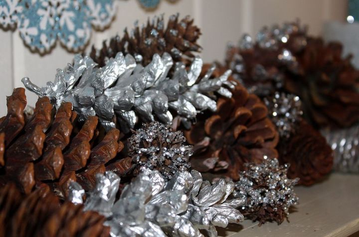 january mantel ice blue white and silver with glitter, seasonal holiday d cor, wreaths, Glittered Sweet Gum balls add to the pine cone display