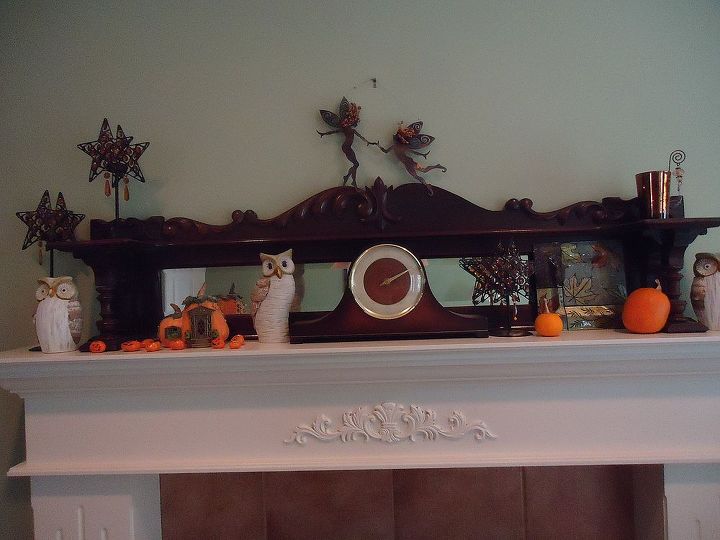 decorating for fall and to have some fun, seasonal holiday d cor, Mantel display so far Need to add or take away the fairy